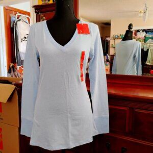 Lt Blue Long Sleeve Cotton V-Neck Top